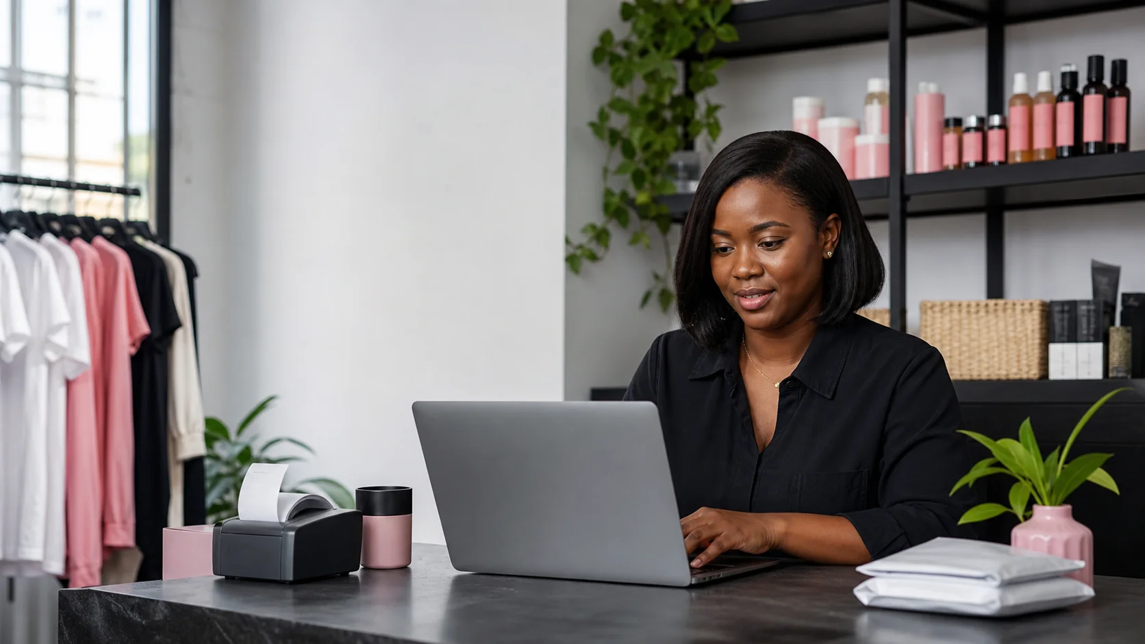 Ghanaian business owner managing her commerce workspace with an AI assistant
