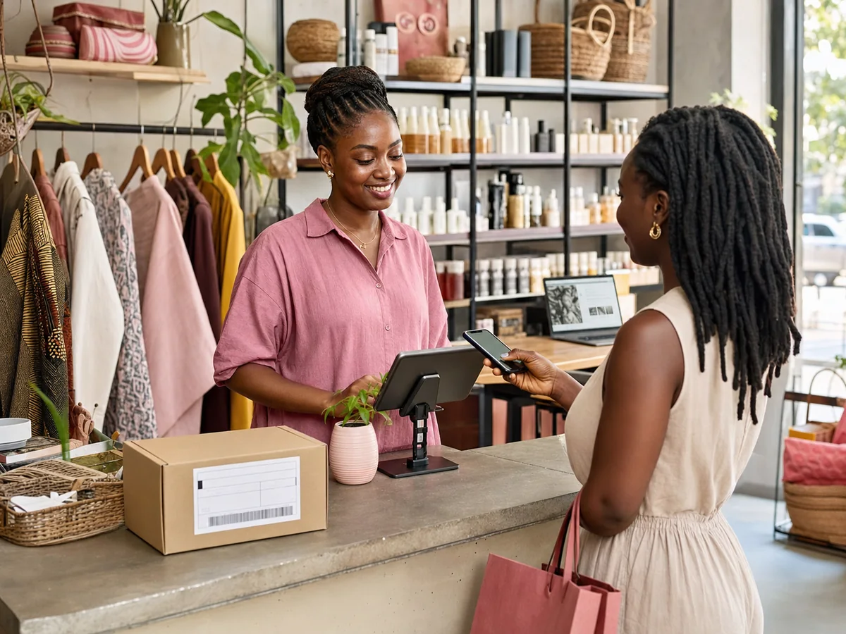 Ghanaian shop owner using a point-of-sale tablet while a customer pays by phone