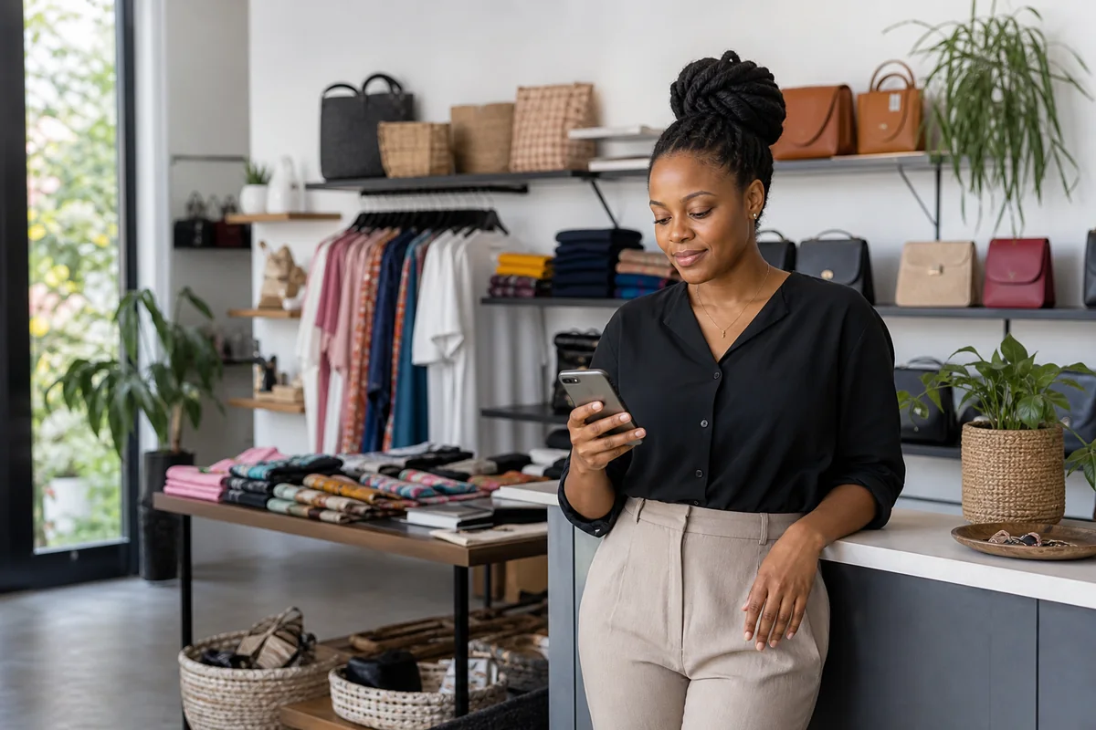 A Ghanaian shop owner reviewing her business from her phone